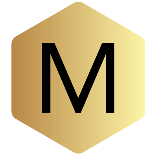 gold hexagon with black capital letter M in it