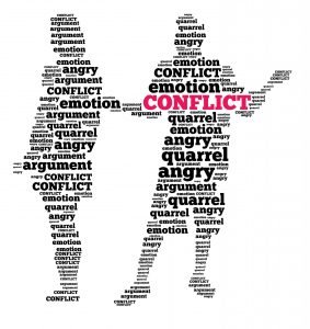 graphic of two people made up of words like emotion, conflict, and quarrel