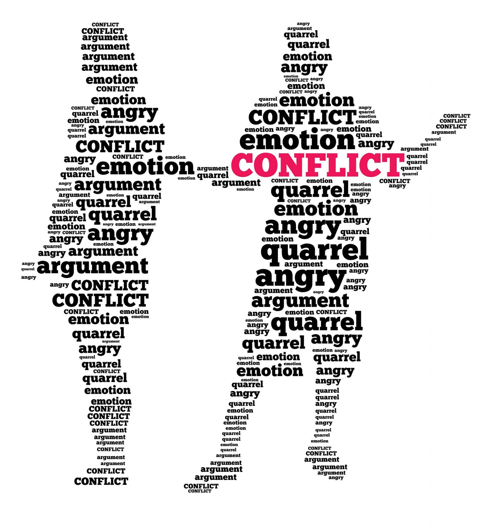 graphic of two people made up of words like emotion, conflict, and quarrel